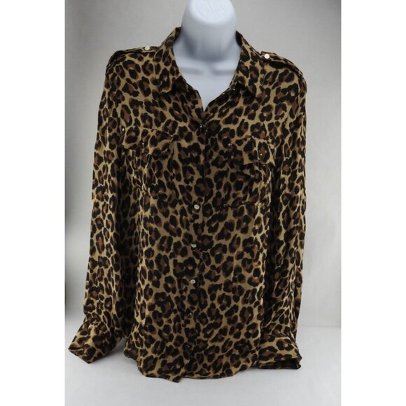 White House Black Market Leopard Print Silk Button Front Blouse Sz 10 Cheetah - Picture 5 of 9